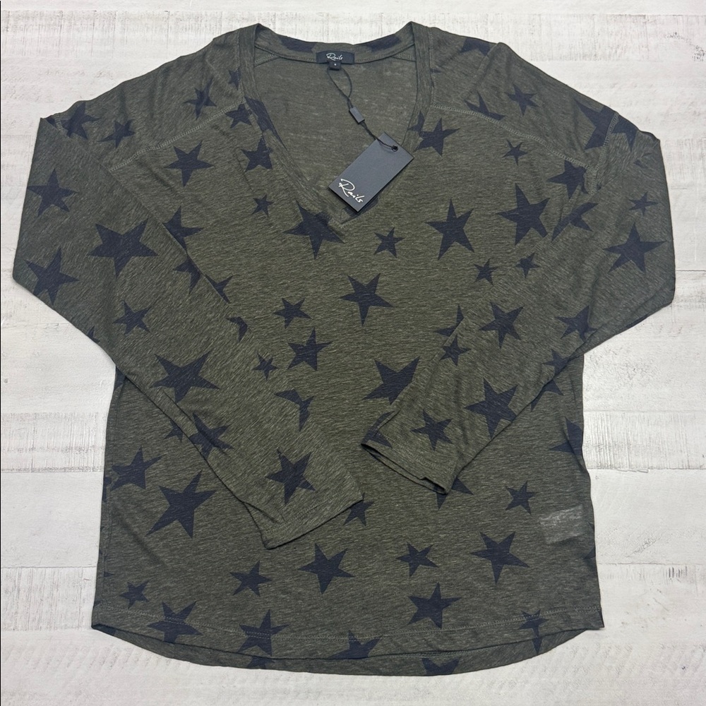 Rails Sami Drop Shoulder V-neck Linen Blend long sleeve Tee In Sage Black Stars